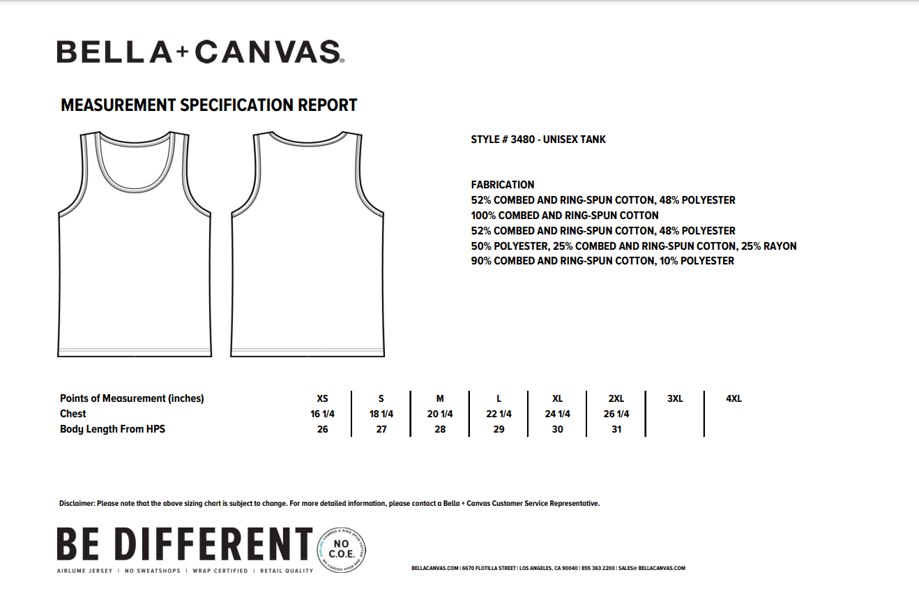 Bella + Canvas measurement chart for tank top shirt style 3480