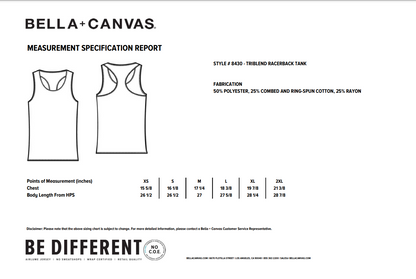 Bella + Canvas measurement chart for racerback tank top shirt style 8430